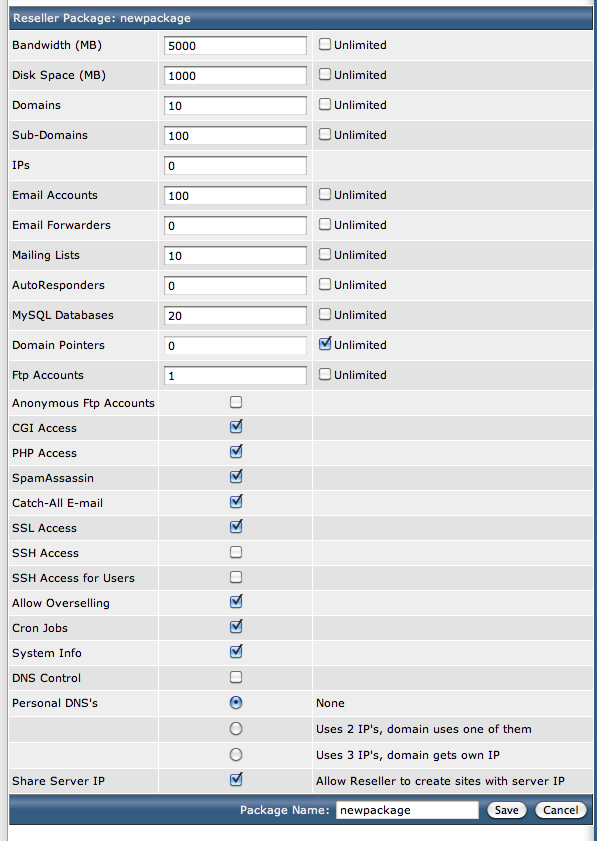 DirectAdmin Add Package screen. DirectAdmin Add Package screen.