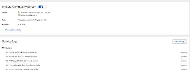 Cockpit MySQL Service screen Cockpit MySQL Service screen