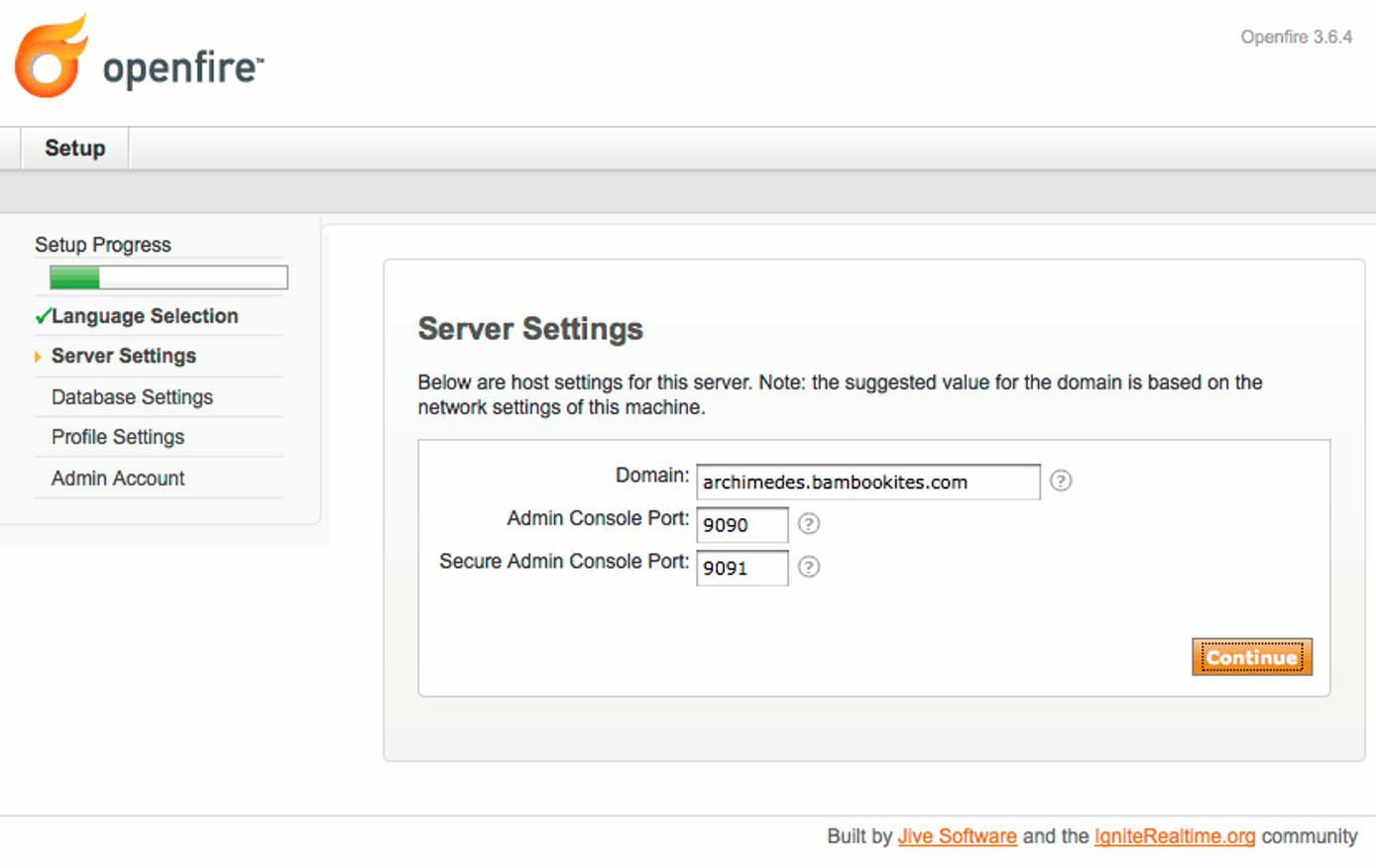Domain and admin ports selection in Openfire setup on Debian 5 (Lenny). Domain and admin ports selection in Openfire setup on Debian 5 (Lenny).