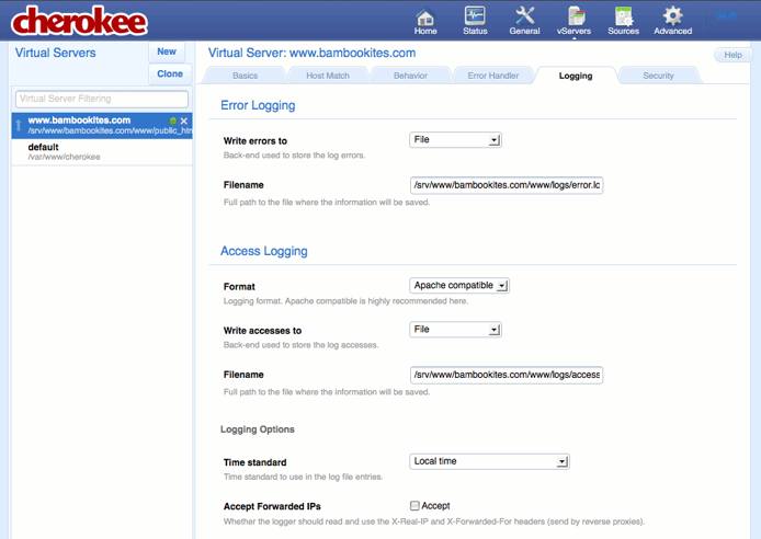 Specifying logging settings on the Logging tab of the vServers page of the Cherokee admin panel on Fedora 13.