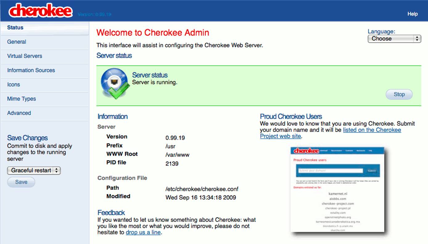 The cherokee-admin web server administration interface running on an Ubuntu Linux 9.10 (Karmic) Linode. The cherokee-admin web server administration interface running on an Ubuntu Linux 9.10 (Karmic) Linode.